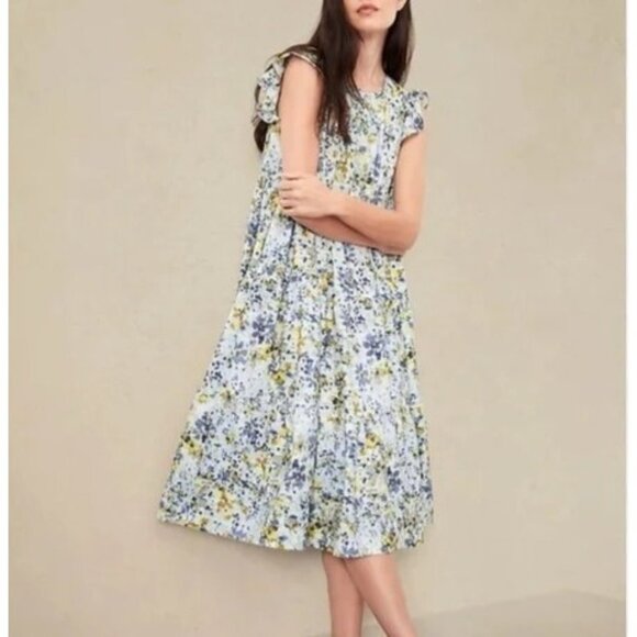 Banana Republic Dresses & Skirts - Banana Republic Petite Poplin Midi Dress XSP Gray Yellow Pockets Cotton Cottage
